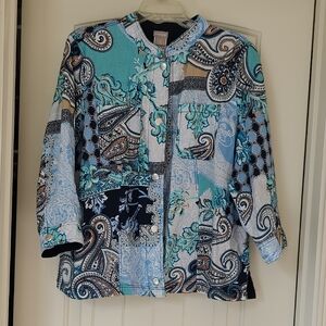 Chico's Teal and Navy Paisley Button-Down Shirt